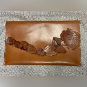 Gap Brown Leather Clutch with Floral Design